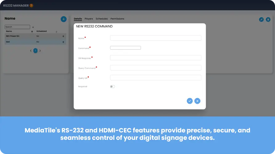 Bannière de gestion du contrôle des périphériques RS-232 et commandes HDMI-CEC avancées