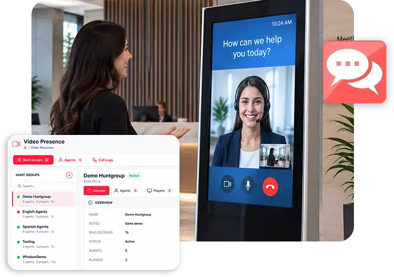 A visitor talking to a live agent on a video kiosk, with the Video Presence hunt group settings