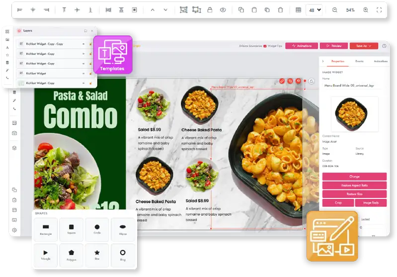 The MediaTile Layout Designer editing a pasta and salad menu board