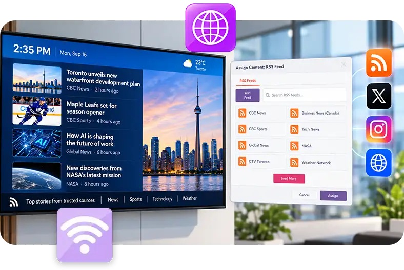 Top news stories on a wall screen, with the MediaTile RSS feed picker