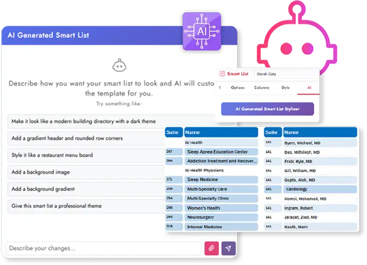 The AI generated Smart List prompt panel beside a restyled building directory