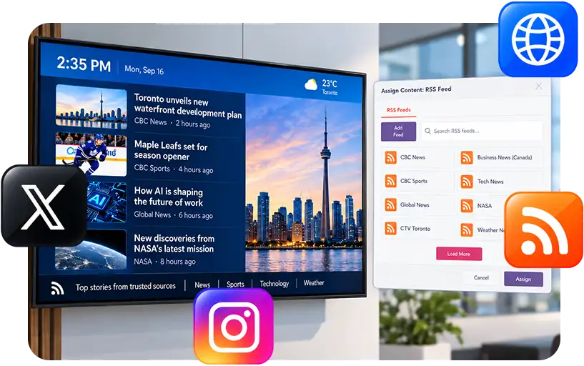 A news feed playing on a screen, with the RSS feed picker and social media icons