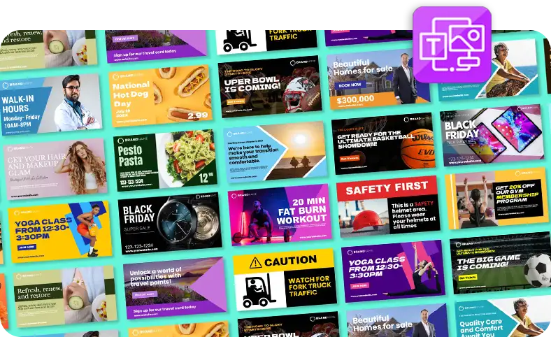 A wall of MediaTile signage templates for retail, fitness, food, real estate and safety