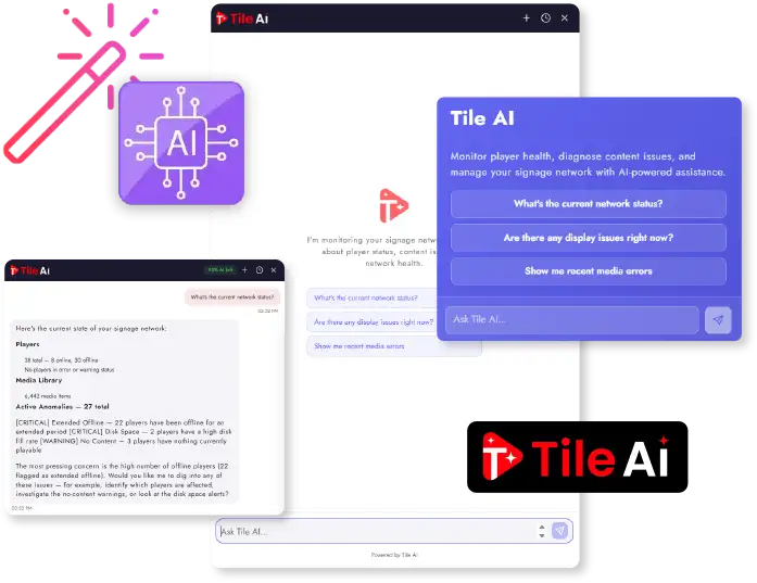 Tile AI assistant panels reporting on signage network status and player health