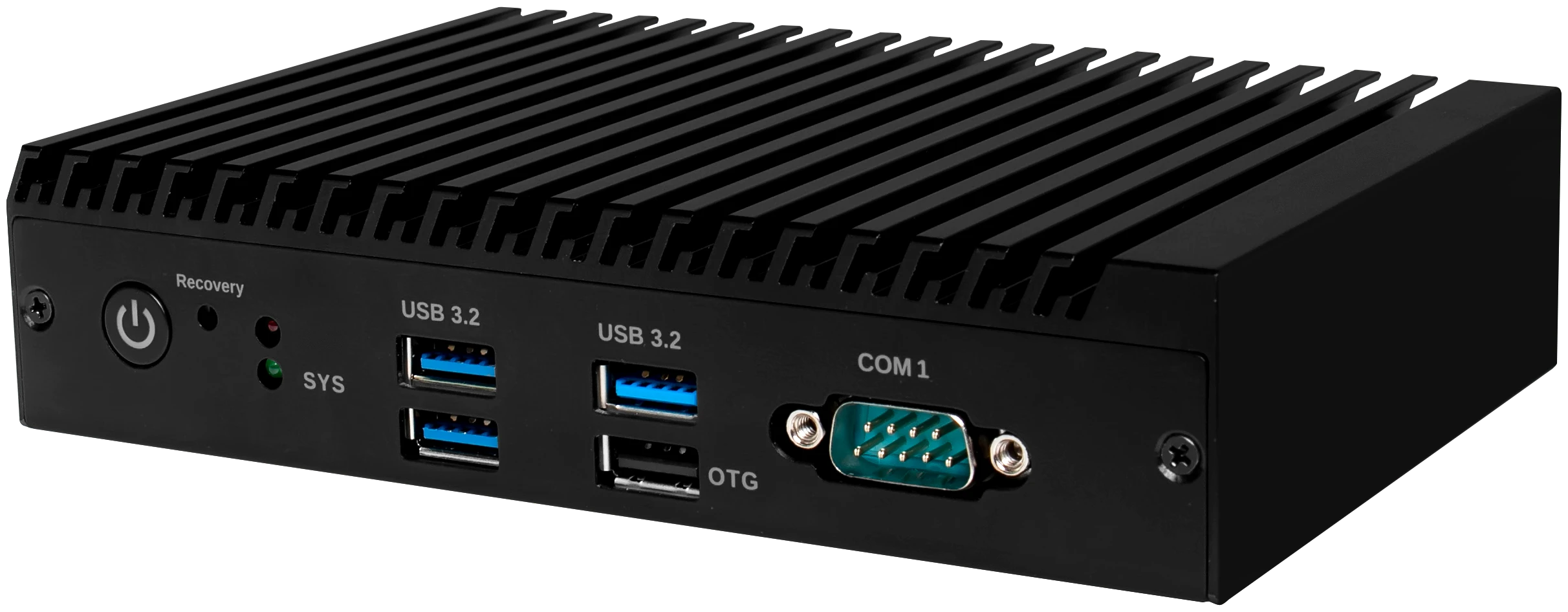 CMP100-10 media player, front panel with power button, USB 3.2 ports and RS-232 serial