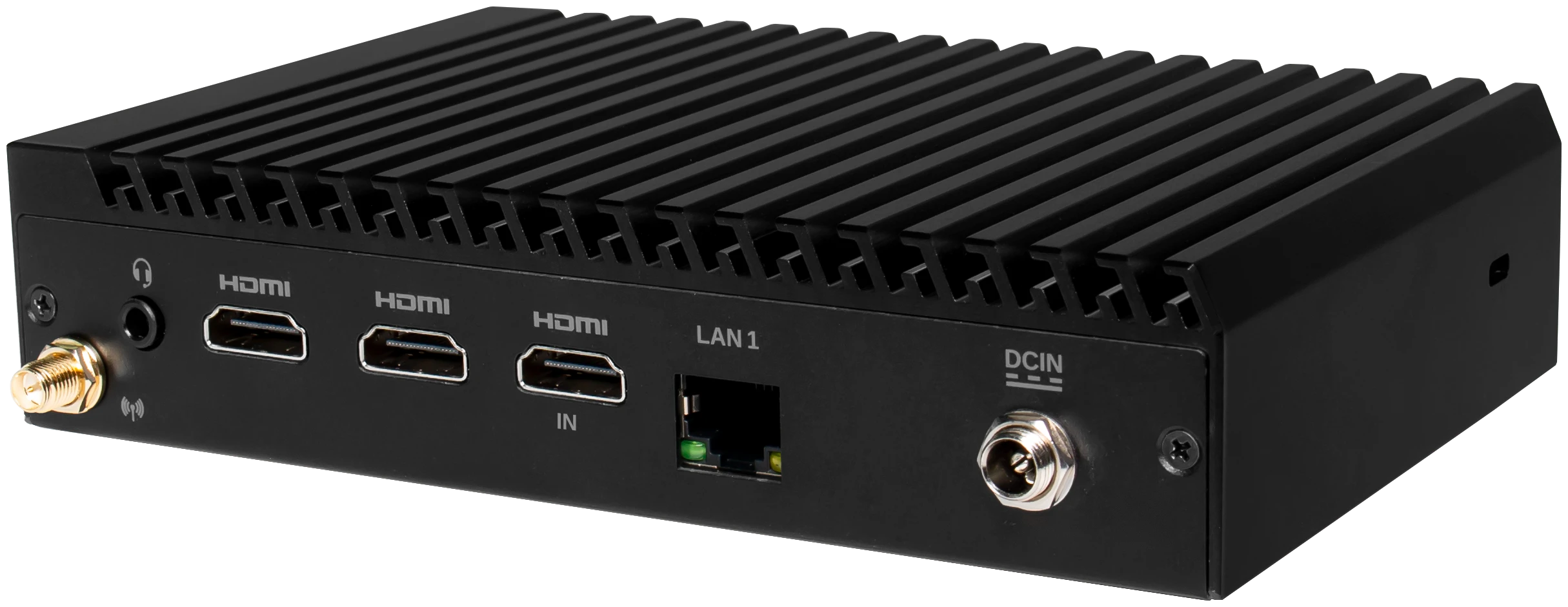 CMP100-10 media player, rear panel with Wi-Fi antenna, three HDMI ports, Gigabit Ethernet and DC input