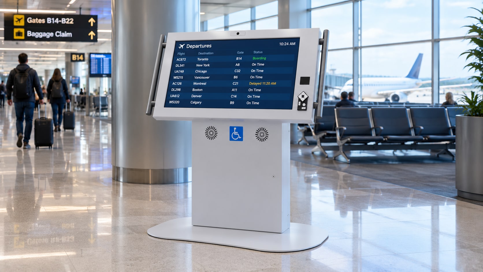 The kiosk showing a departures board in an airport terminal