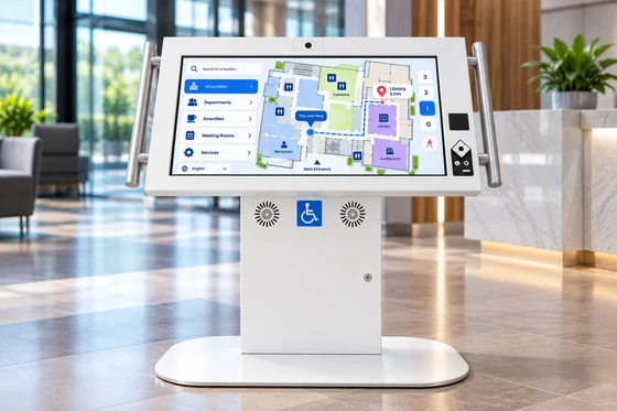 La borne inclinée d’accessibilité Duraline dans un hall, avec des barres d’appui des deux côtés et un clavier tactile à côté de l’écran