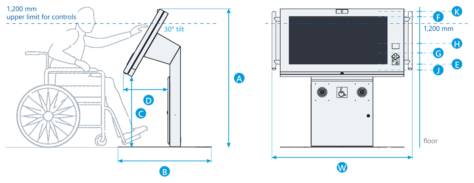 Dimension drawings for the 43 inch model: a side view marked A to D showing a seated user and the 1,200 mm control limit, and a front view marked E to K and W