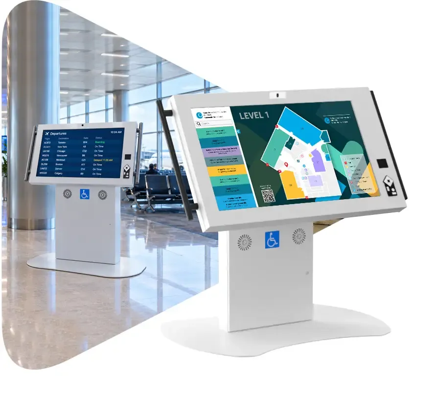 Two Duraline Angled Accessibility Kiosks, one showing a wayfinding map and one a departures board