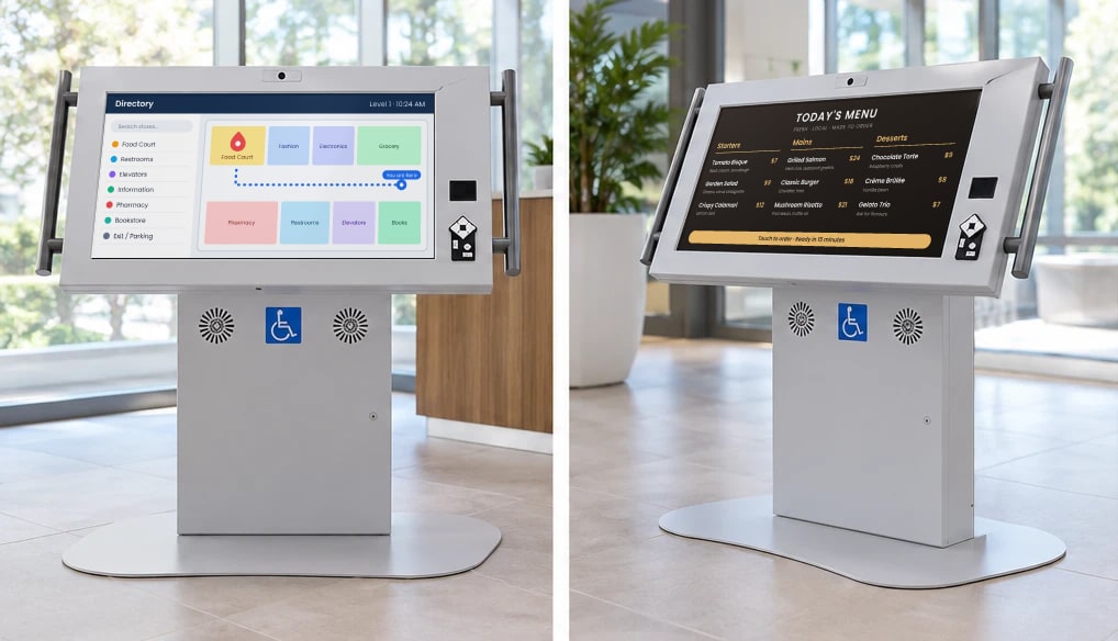 Two kiosks side by side, one with a wayfinding directory and one with a restaurant menu