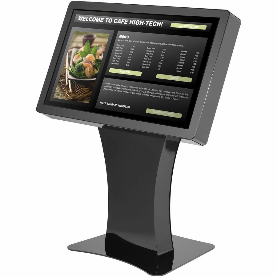 Duraline Angled Kiosk in gloss black, showing a restaurant menu