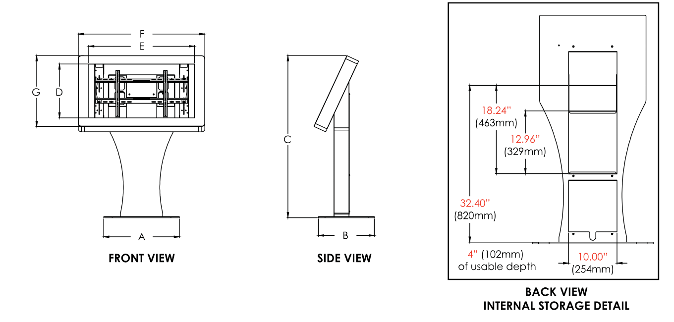 Dimension drawings: front view (A, D to G), side view (B, C) and back view of the internal storage, with 4" (102 mm) of usable depth