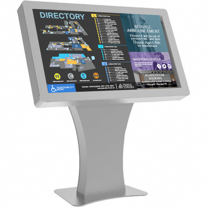 Duraline Angled Kiosk in silver, showing a building directory