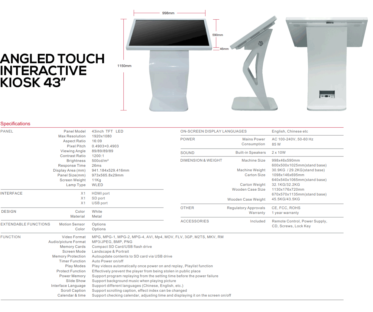 Angled Touch Interactive Kiosk - 43 inch