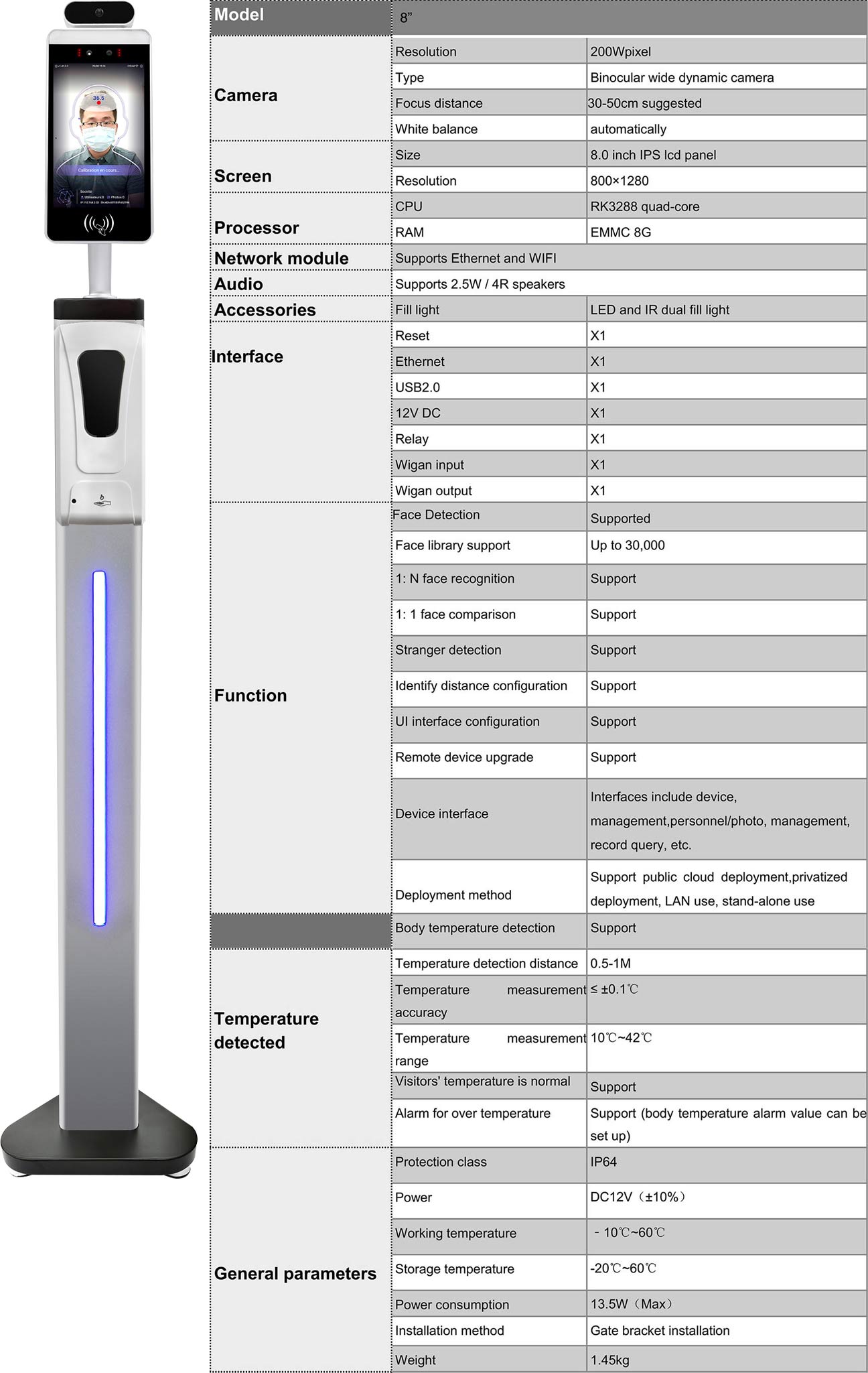 Quiosco de control de temperatura de 8 pulgadas Especificaciones