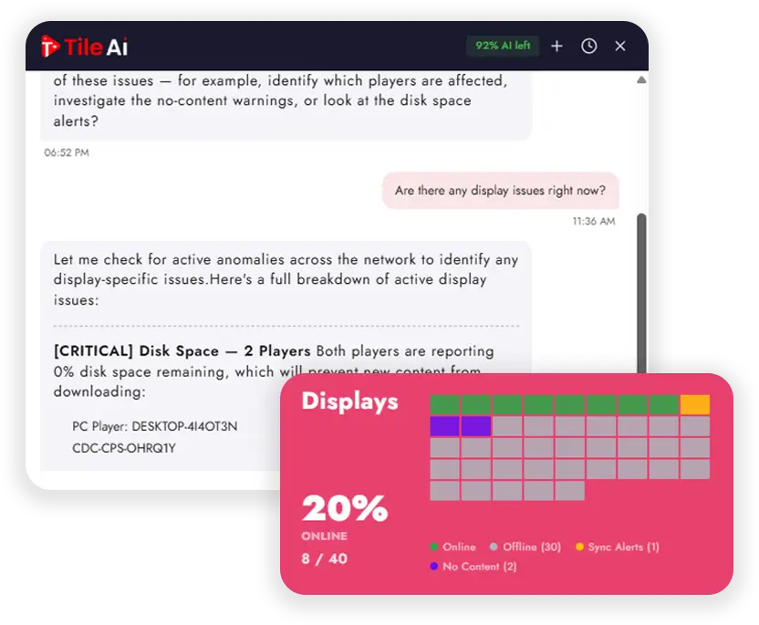 Tile AI monitoring dashboard flagging offline players, storage warnings, and sync errors