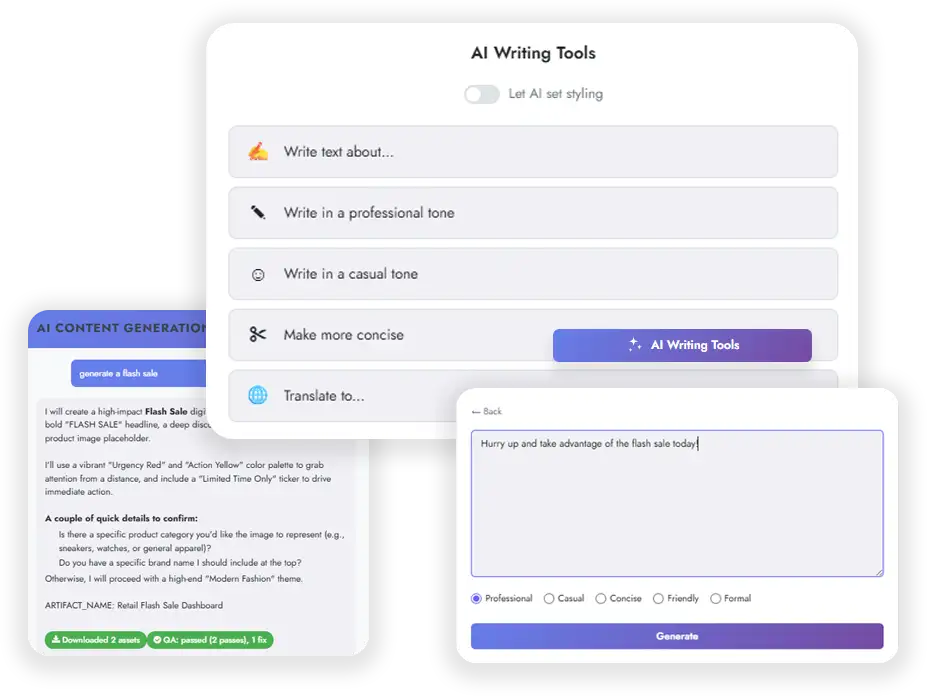 AI writing tools inside the Layout Designer generating copy and layout content