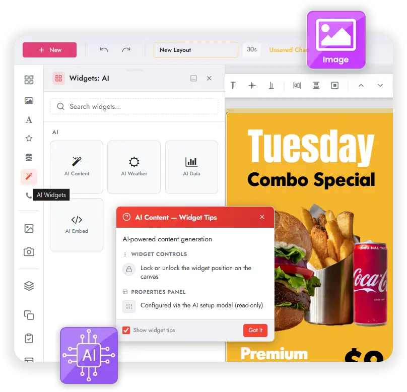 AI Widgets panel generating finished digital signage content from a prompt