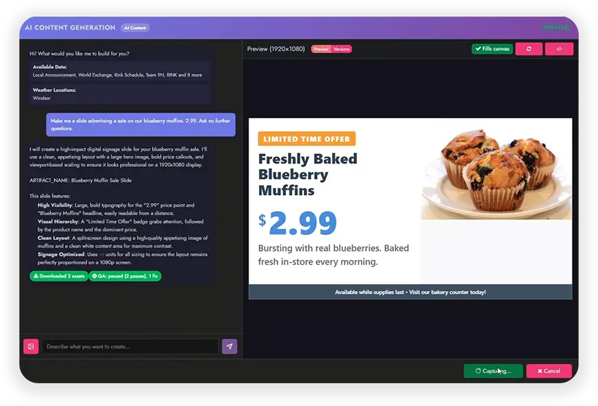 AI Content Generation interface turning a plain-English prompt into a finished layout
