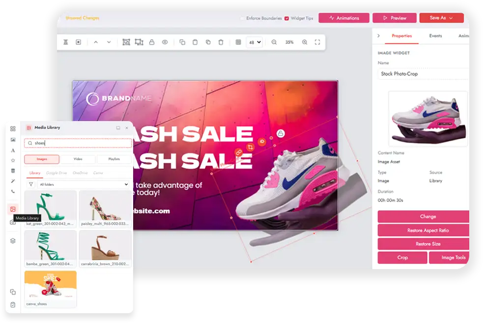 Layout Designer workspace with a cleaner interface, media library, and properties panel