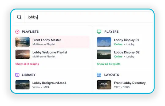 Global search across media, playlists, and settings