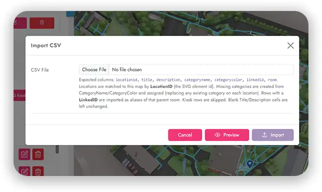 CSV import dialog previewing bulk location changes in MediaTile wayfinding