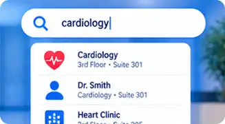 Kiosk search results listing a department, a physician, and a clinic