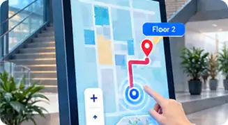 Interactive wayfinding map with a drawn route on a touch kiosk