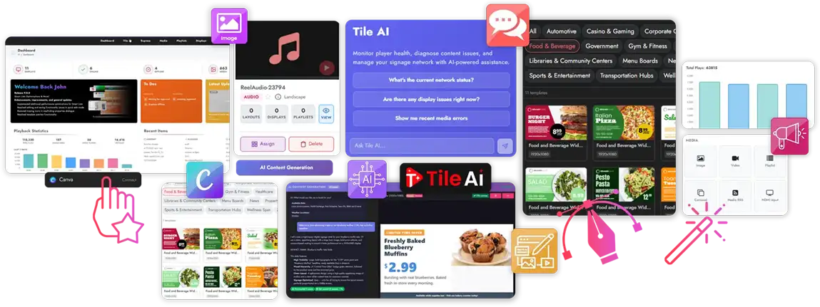 MediaTile V9 platform collage showing dashboards, Tile AI, AI Widgets, and content layouts