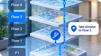 Stacked floor plates showing a wayfinding route crossing levels by elevator
