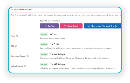 Network connectivity test results