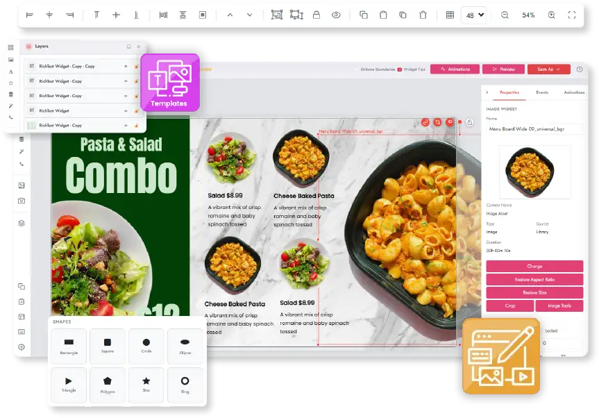Redesigned Layout Designer building a food menu digital signage layout