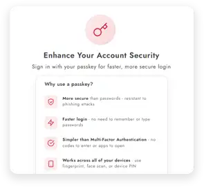 Account security settings with passkey and multi factor options