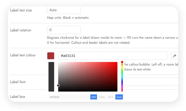 Label color, size, and rotation controls in the MediaTile wayfinding admin