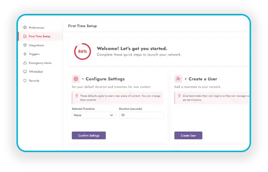 Setup wizard for locations, players, playlists, and media