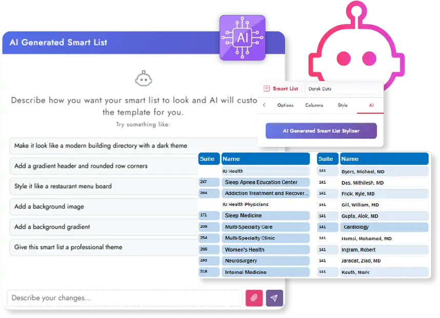 AI Generated Smart List panel styling a building directory from a prompt
