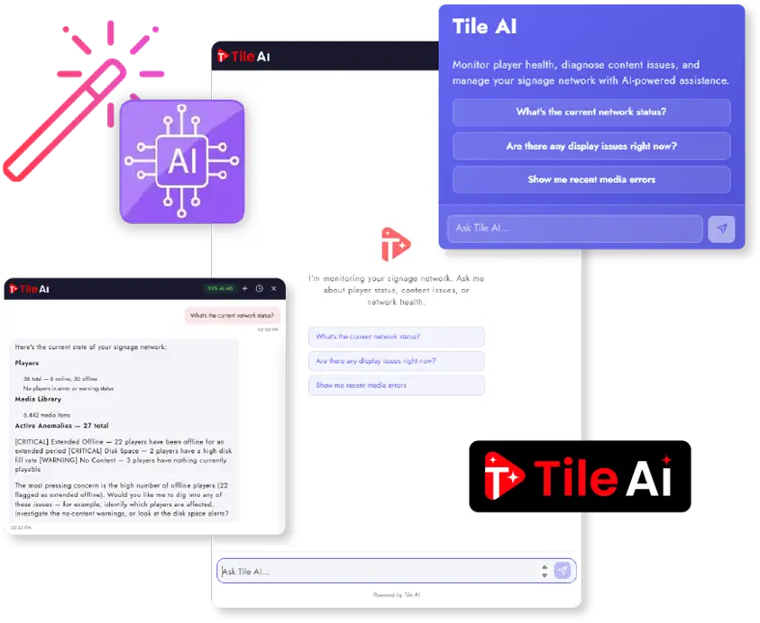 Tile AI assistant answering digital signage questions in a chat interface