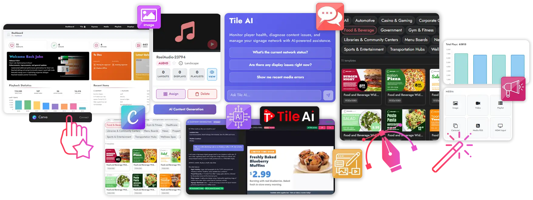 MediaTile V9 platform collage showing dashboards, Tile AI, AI Widgets, and content layouts
