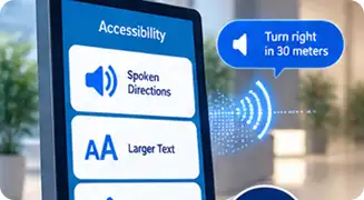 Kiosk accessibility panel offering spoken directions and larger text