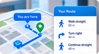 Animated wayfinding route drawing itself beside a turn by turn step list