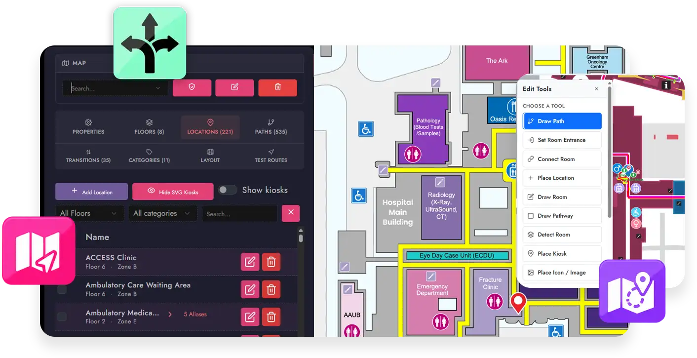 MediaTile digital wayfinding software showing the map editor beside an interactive hospital floor plan