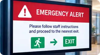 Emergency alert overriding a wayfinding screen with evacuation instructions