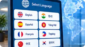 Language picker offering 16 languages on a wayfinding kiosk