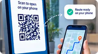 Visitor scanning a kiosk QR code to open the wayfinding route on a phone