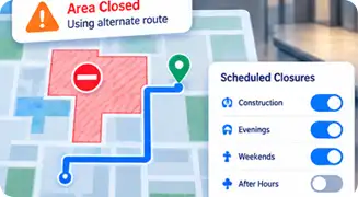 Scheduled closure rerouting a wayfinding path around a closed area