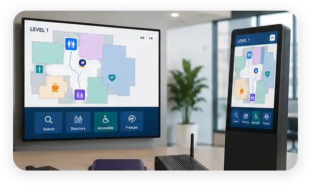 A published wayfinding map update syncing automatically to multiple kiosks