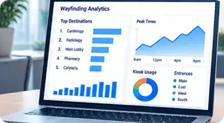 Wayfinding analytics dashboard showing top destinations and peak times